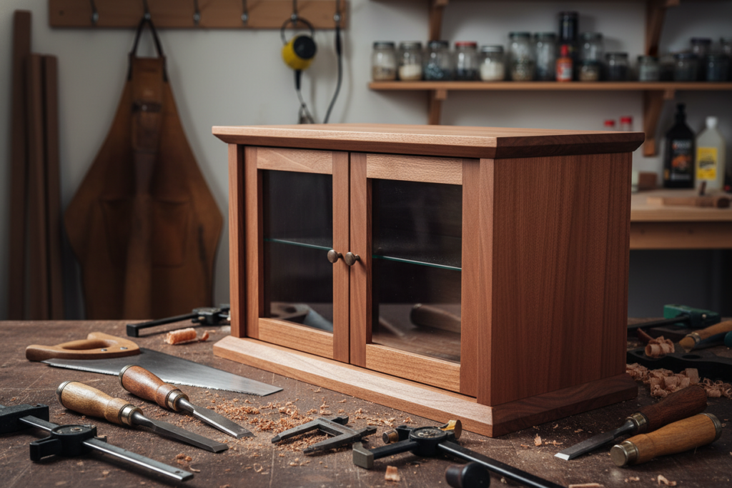 Finished woodworking project with tools Finished woodworking project with tools