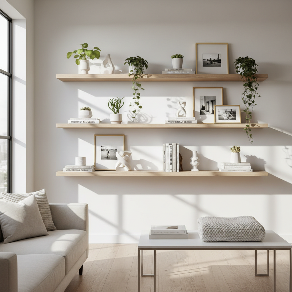 Floating shelves styled with plants and decorative items in living room