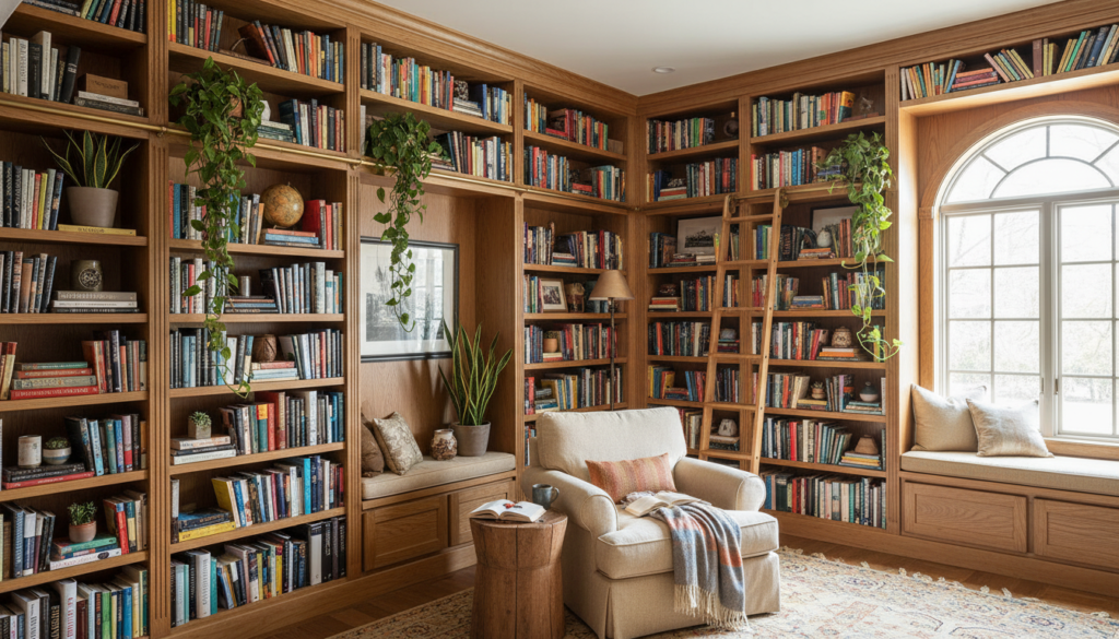 Floor-to-ceiling wooden shelving system filled with books and decorative items