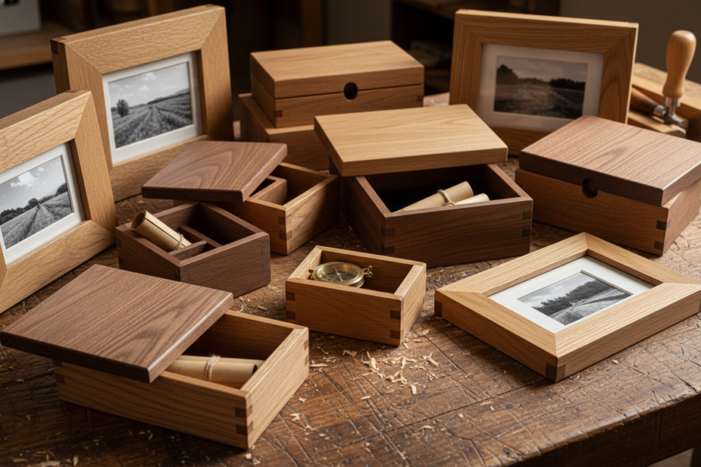 Handcrafted wooden boxes and picture frames showing detail work