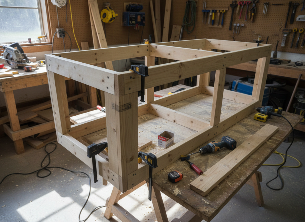 Kitchen island frame construction showing 2x4 lumber assembly