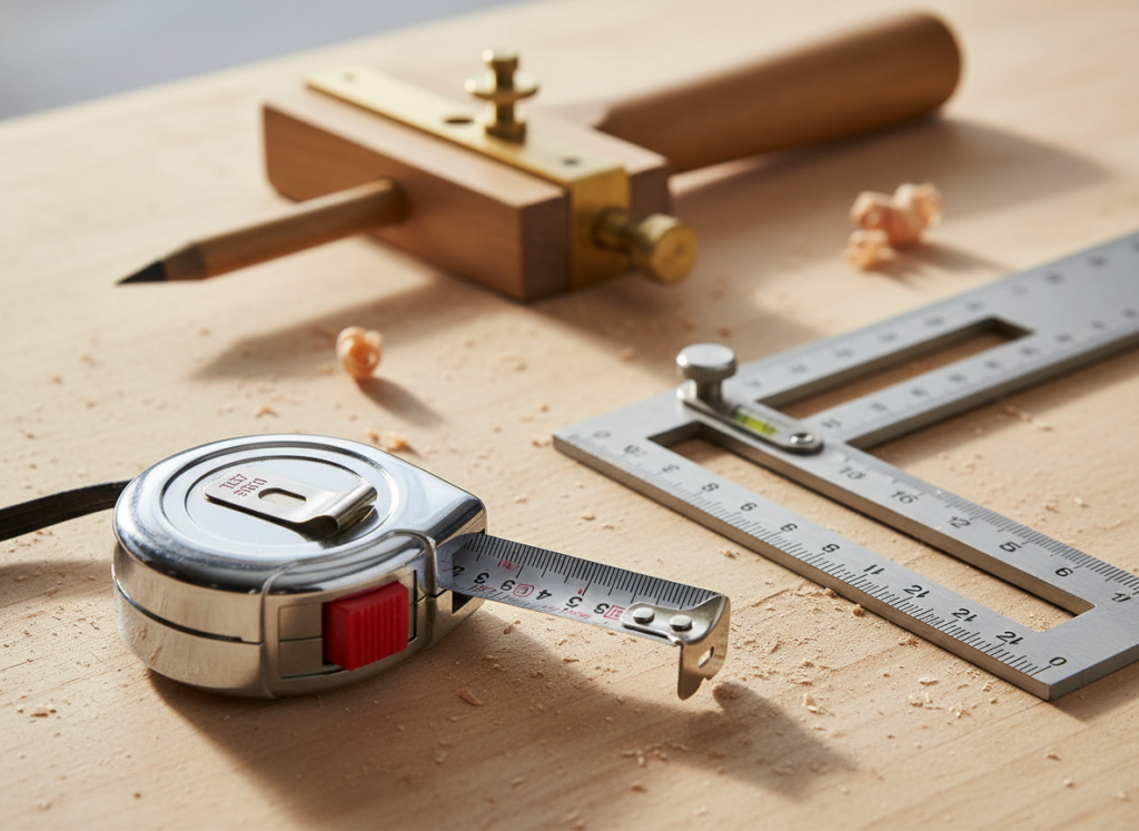 Measuring tools including tape measure and combination square