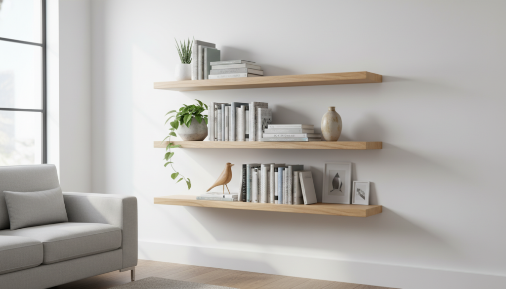 Modern floating shelves mounted on white wall displaying decorative items and books