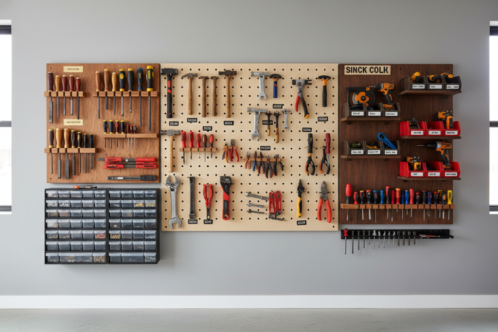 Organized workshop wall with tool storage systems and pegboard