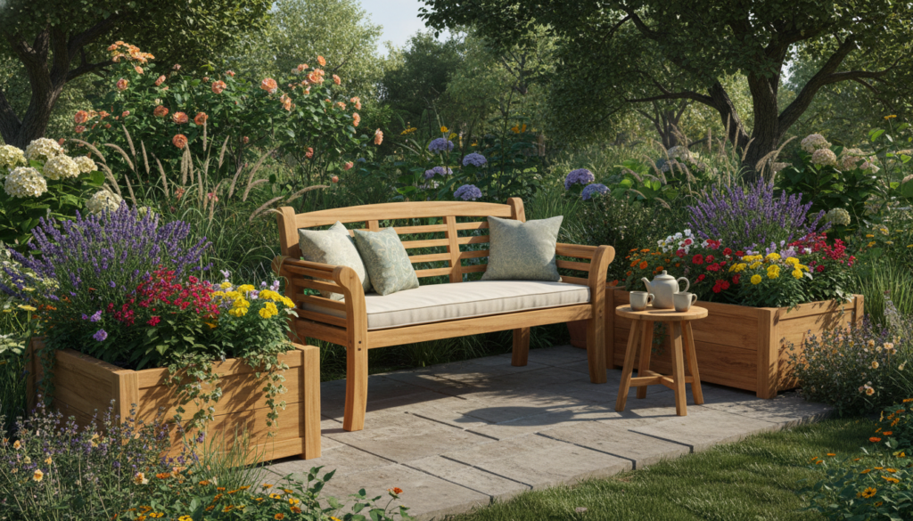 Outdoor wooden furniture and planters in backyard garden setting