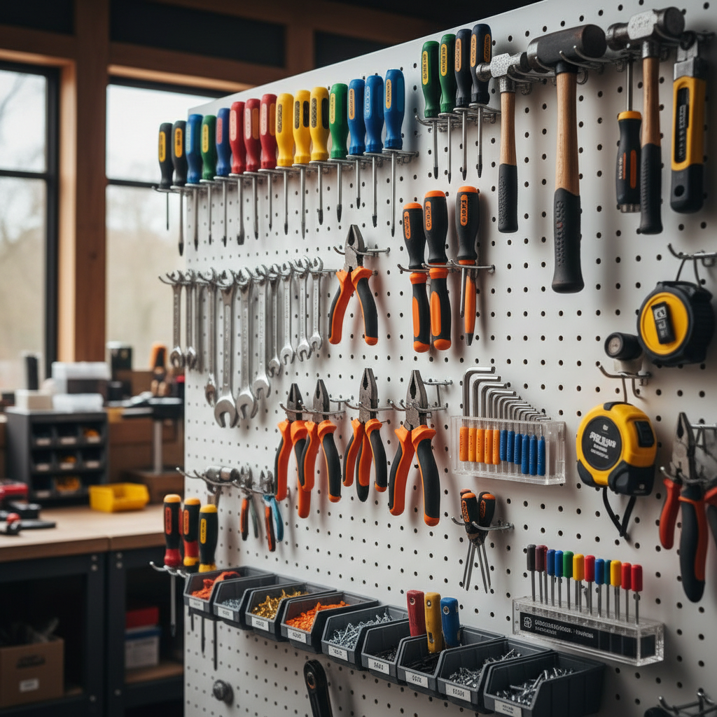 Pegboard with hand tools
