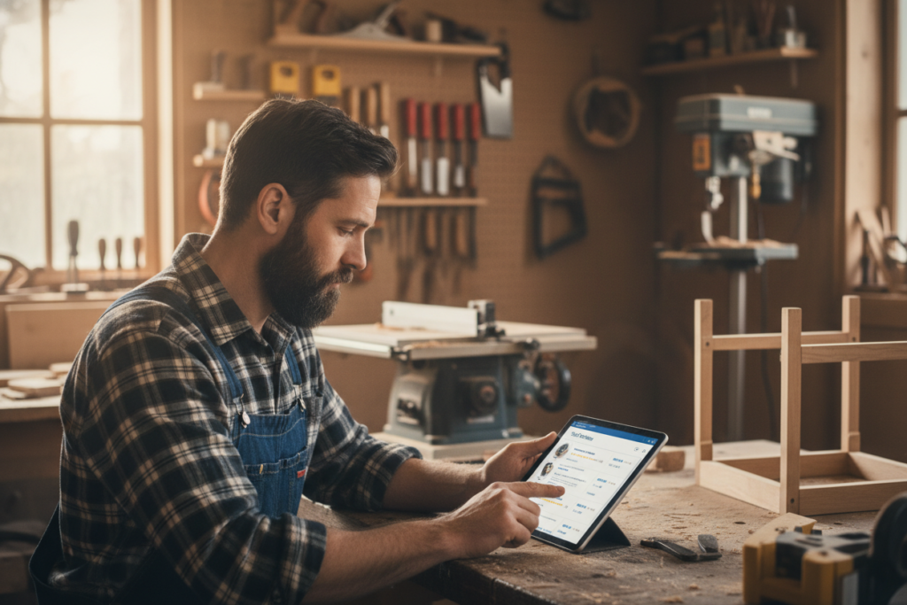 Person reading tool reviews on tablet