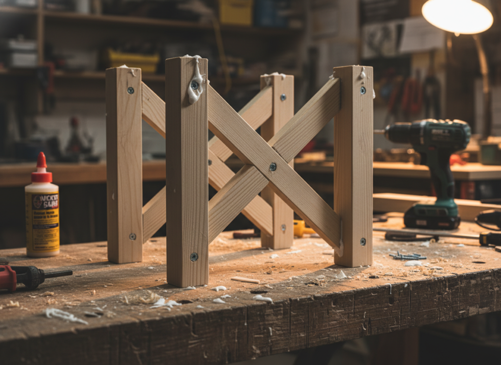 Plant stand construction showing leg assembly and bracing details