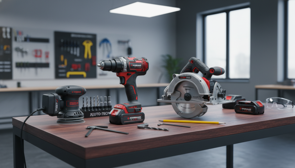Power tools on workshop table Power tools on workshop table