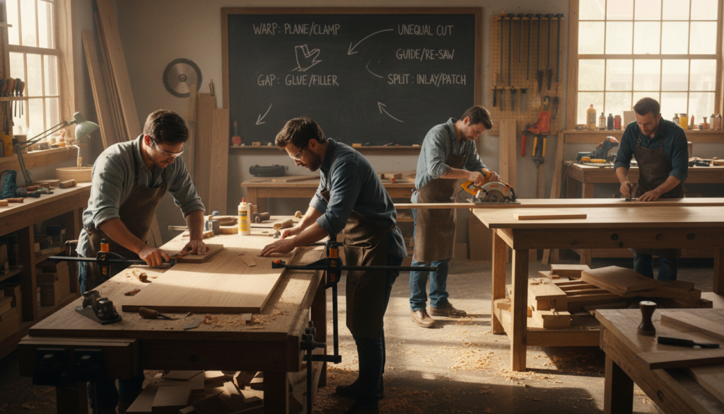 Problem-solving in woodworking showing common issues and solutions