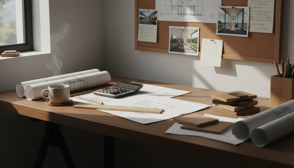 Project planning workspace with sketches, measurements, and wood samples
