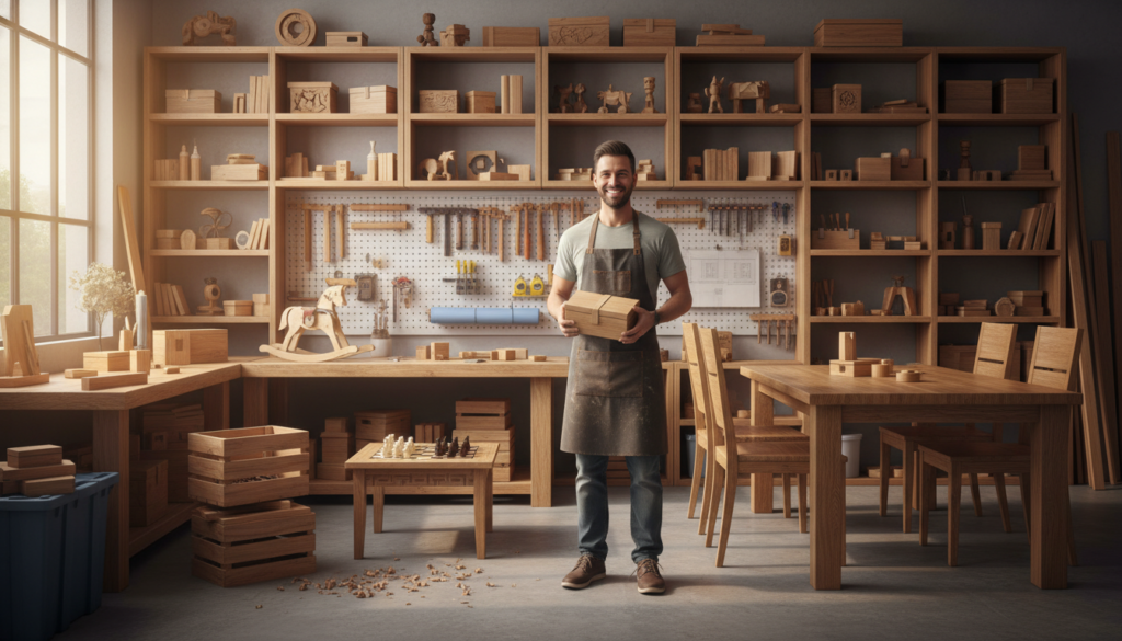 Proud woodworker with collection of completed projects in workshop