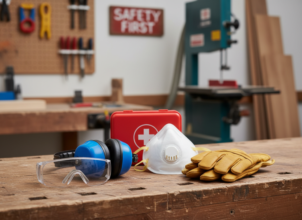 Safety equipment for woodworking including glasses, gloves, and ear protection
