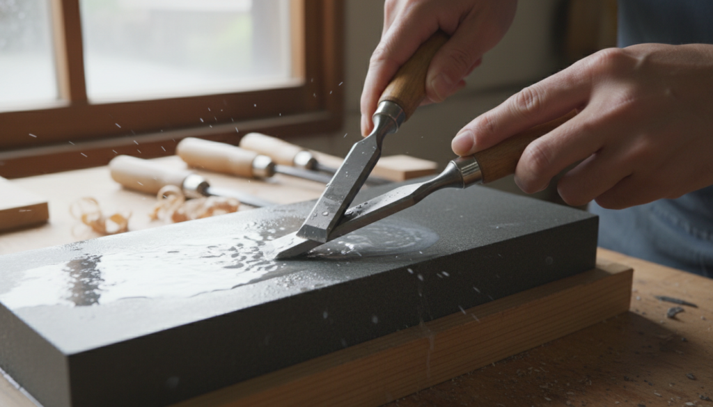 Sharpening chisel on whetstone