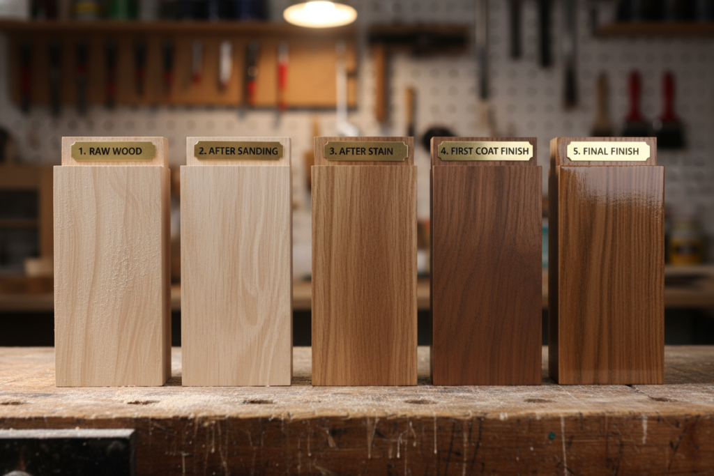 Step-by-step wood finishing process showing different stages