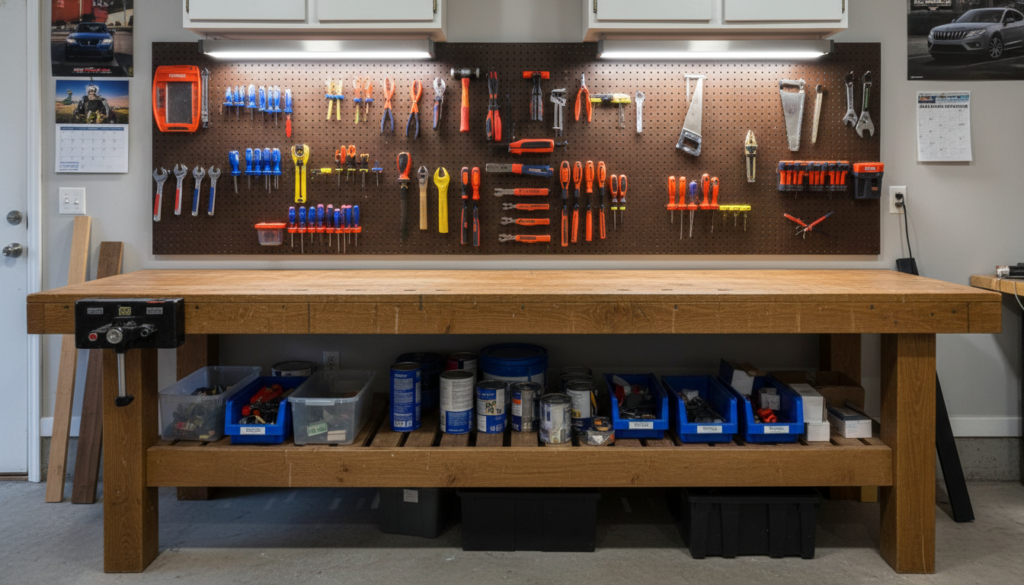Sturdy wooden workbench in garage workshop with tools organized