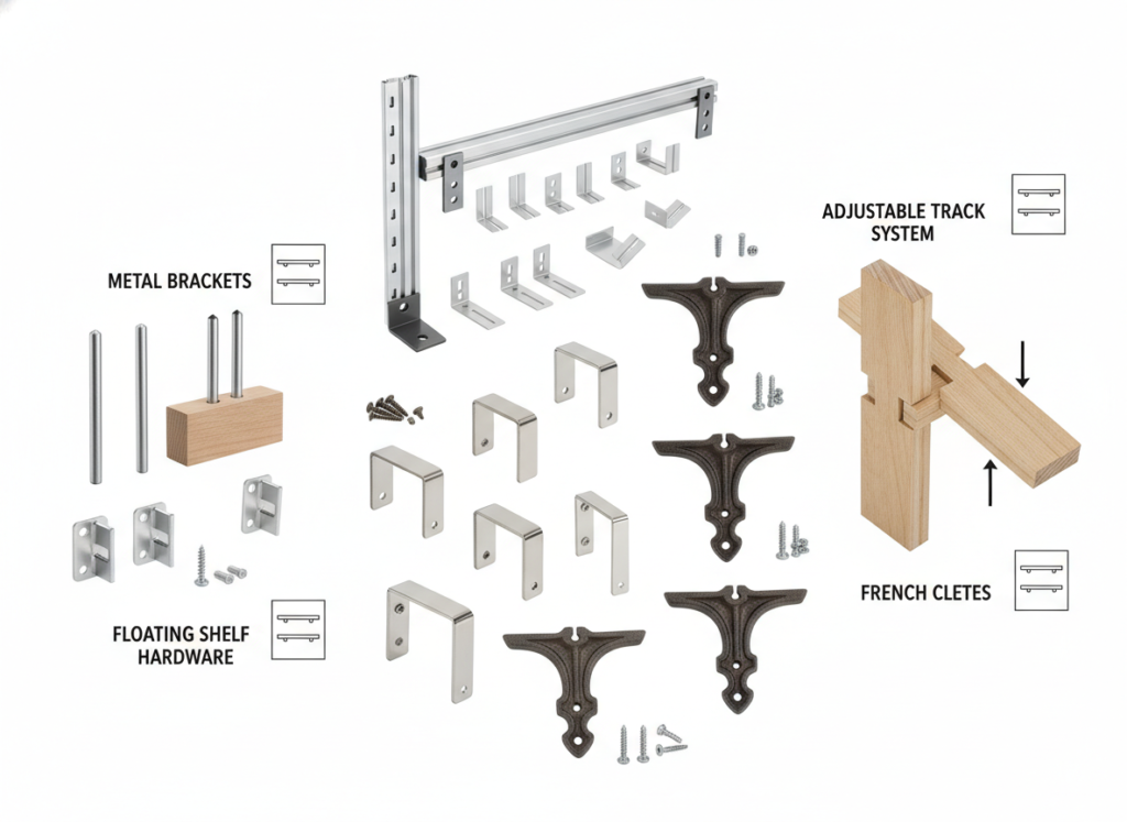 Various shelf bracket types and mounting hardware displayed
