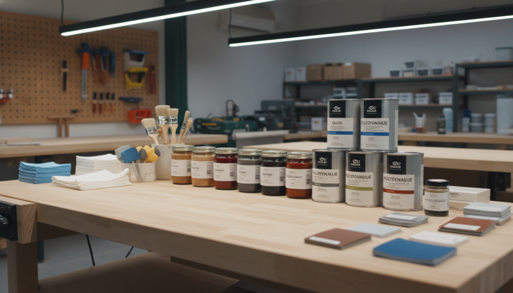 Various wood finishing products and application tools arranged on workbench