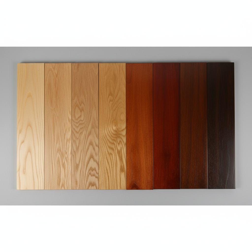 Various wood stain colors applied to sample boards showing finish options
