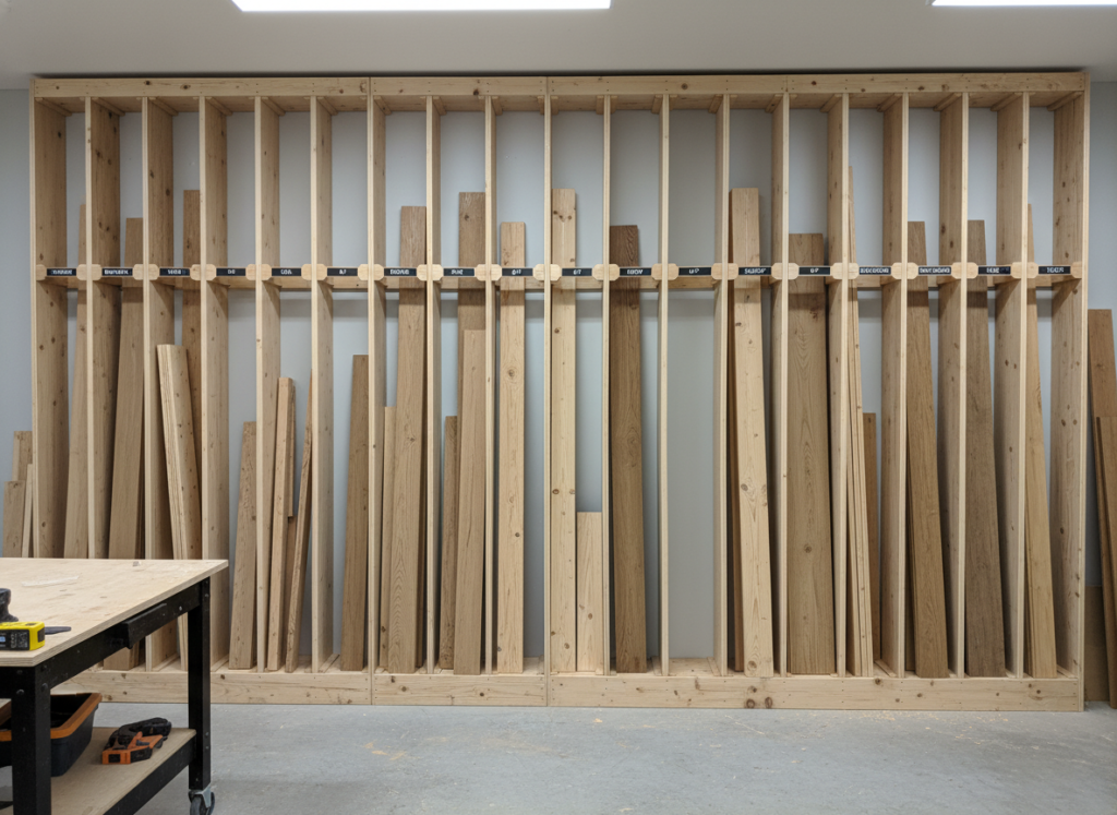 Vertical lumber storage rack system in woodworking shop