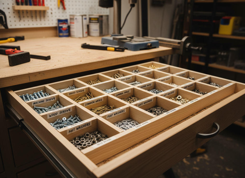 Wooden drawer organizer with multiple compartments for hardware