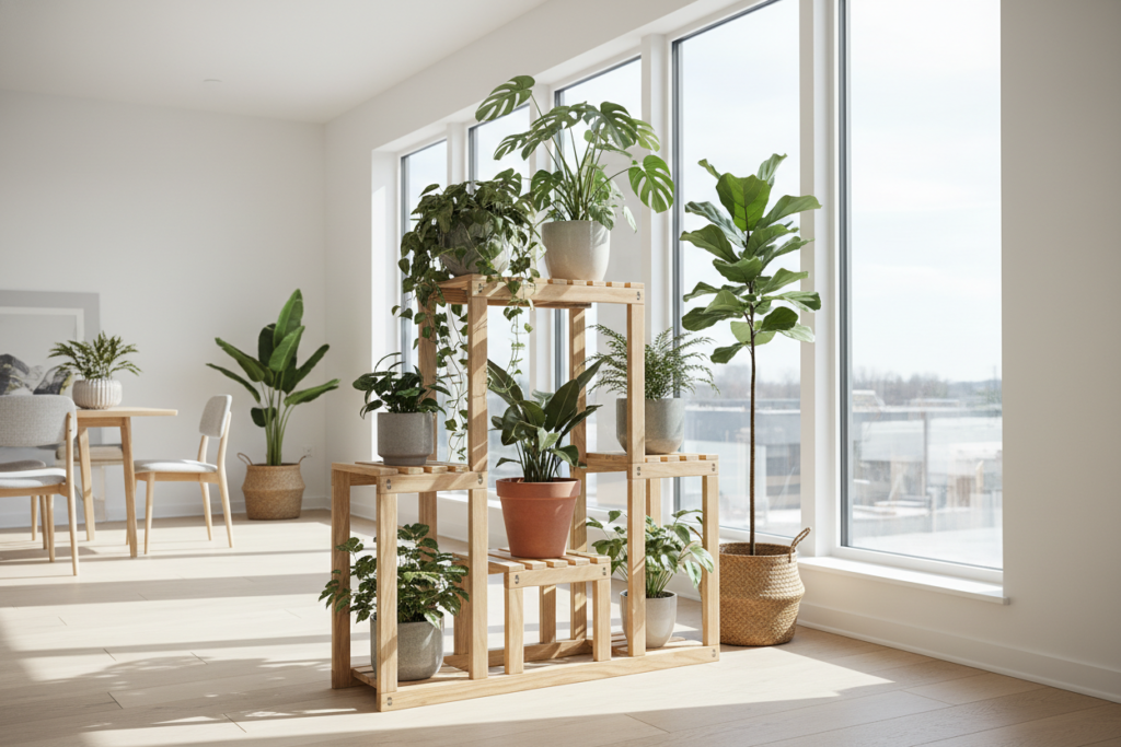 Wooden plant stand with potted plants in bright room corner