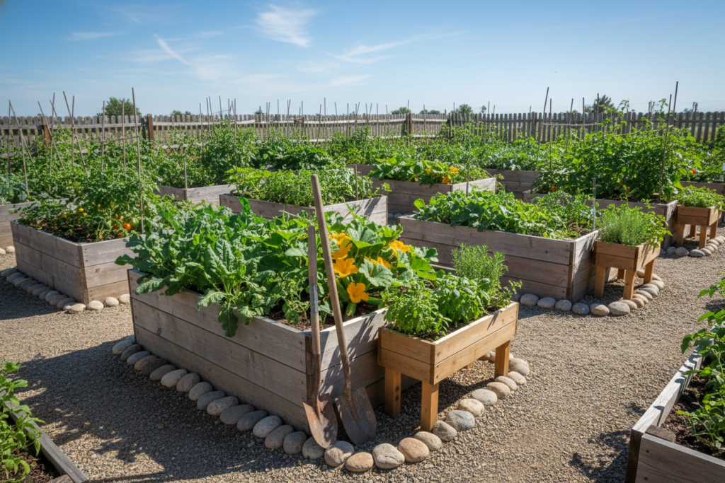 Wooden raised garden beds and planter boxes in vegetable garden