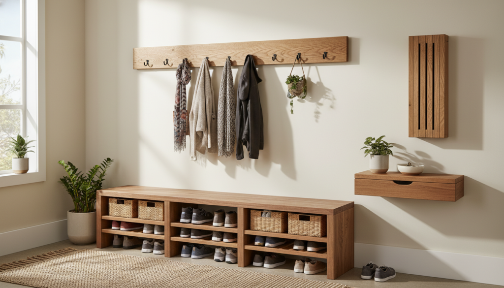 Wooden storage solutions including coat rack, shoe organizer, and shelving