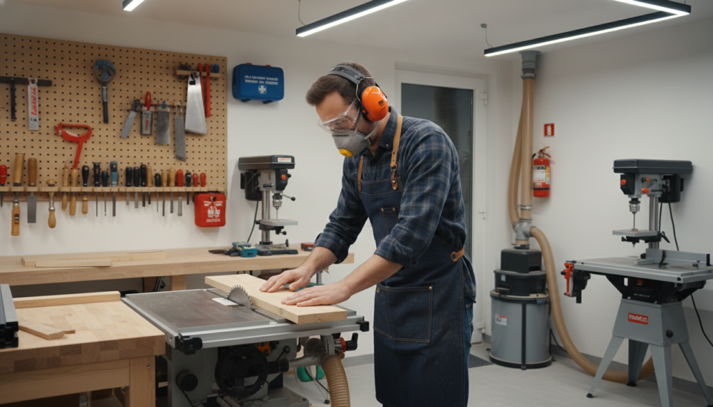 Woodworker following safety practices in organized workshop
