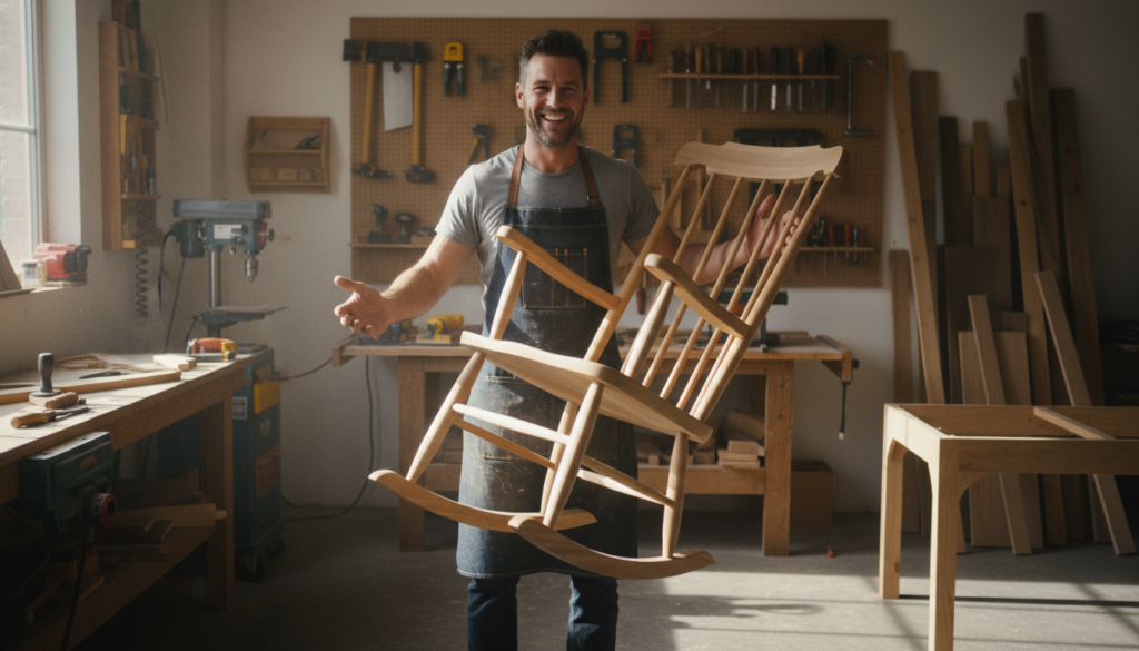 Woodworker proudly displaying finished project