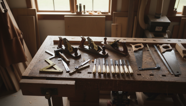 Woodworking tools arranged on workshop bench