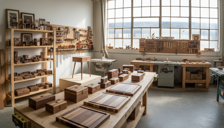Workshop filled with finished wooden projects ready for sale including cutting boards and home decor items