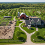 aerial view of a well-planned homestead layout with gardens, animal areas, and buildings