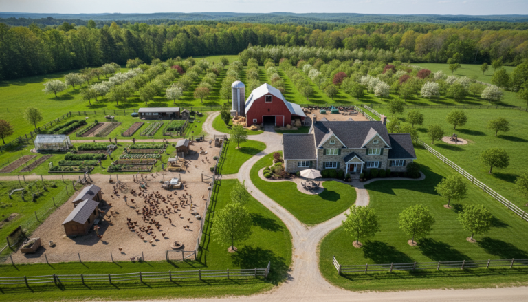 aerial view of a well-planned homestead layout with gardens, animal areas, and buildings