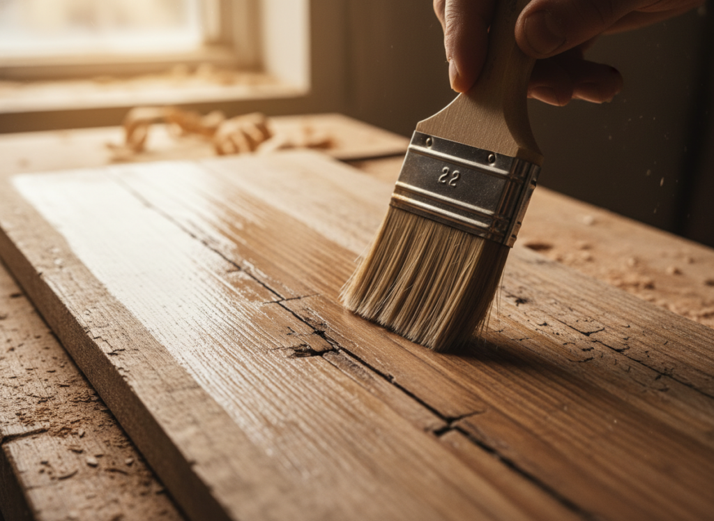 applying finish to reclaimed wood project with brush applying finish to reclaimed wood project with brush