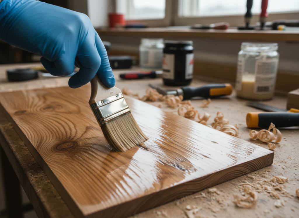 applying finish to wooden surface with brush