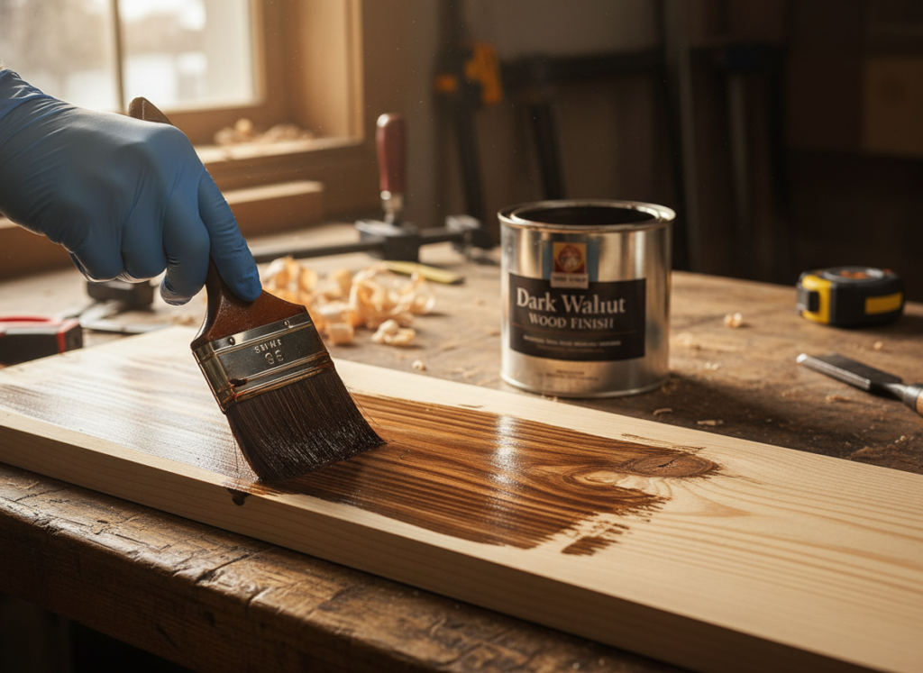applying wood stain with brush to wooden project applying wood stain with brush to wooden project