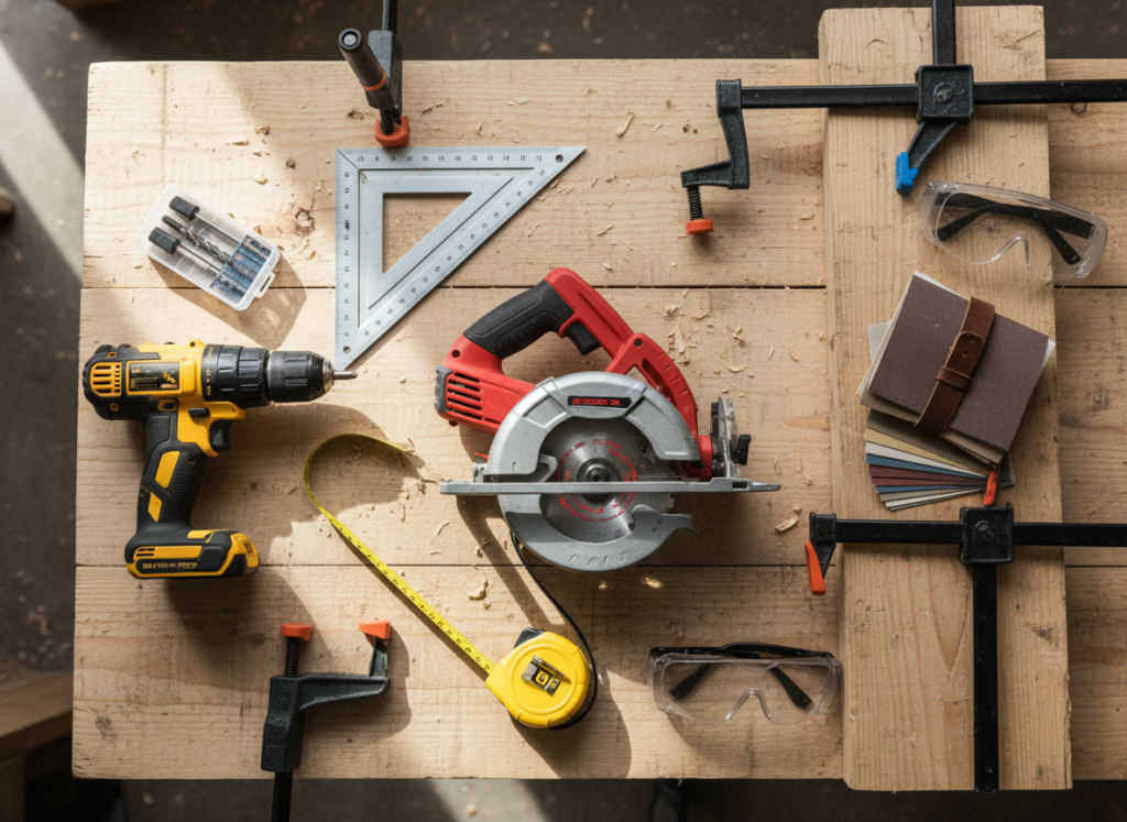 basic tools for outdoor wood projects laid out on a workbench basic tools for outdoor wood projects laid out on a workbench