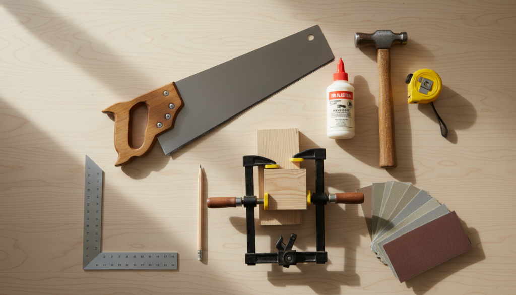 basic woodworking tools for beginners laid out on workbench basic woodworking tools for beginners laid out on workbench