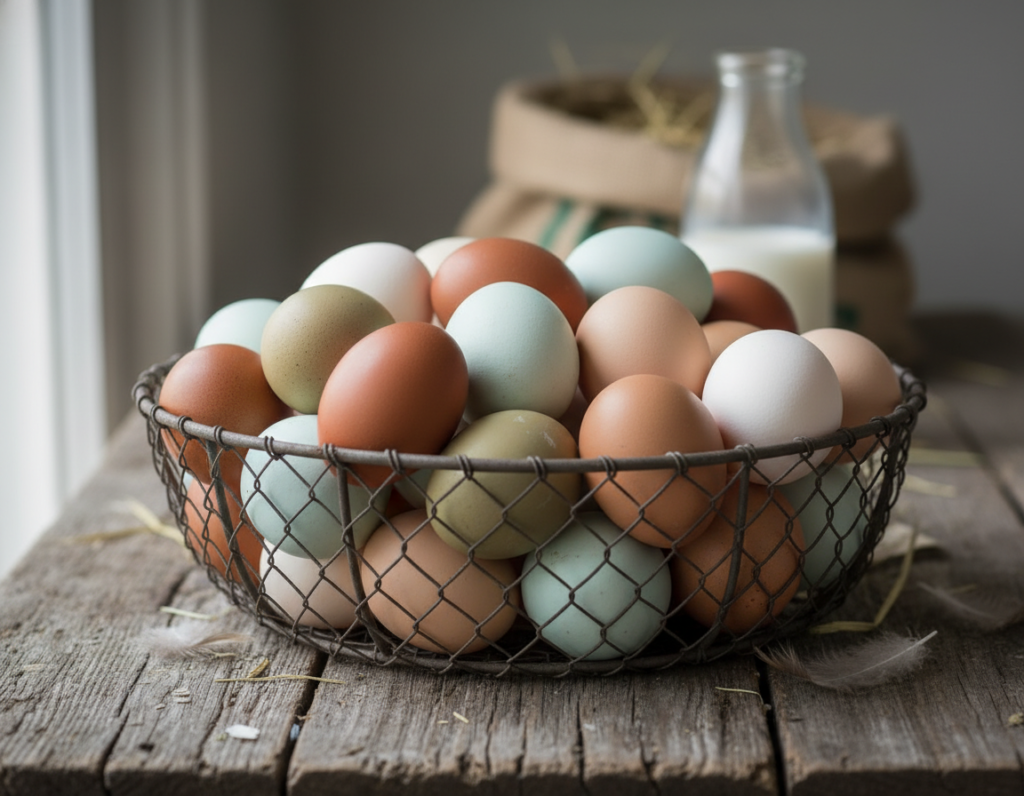 basket of fresh colorful eggs from backyard chickens basket of fresh colorful eggs from backyard chickens