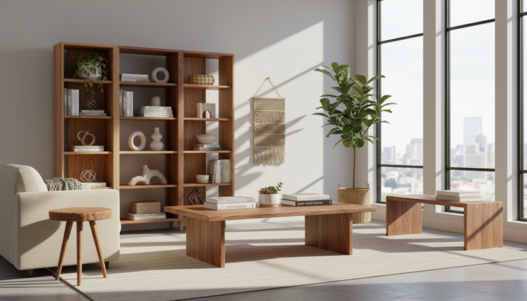 beautiful handcrafted woodworking furniture displayed in modern living room
