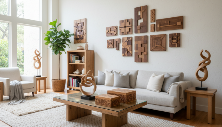 beautiful wood art projects displayed in modern home interior