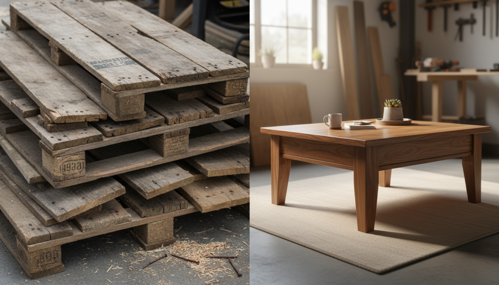 before and after pallet furniture transformation