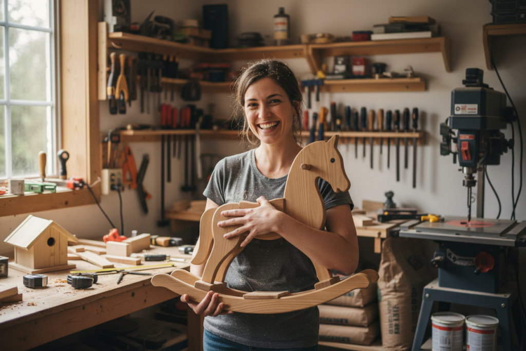 beginner woodworker admiring completed project beginner woodworker admiring completed project