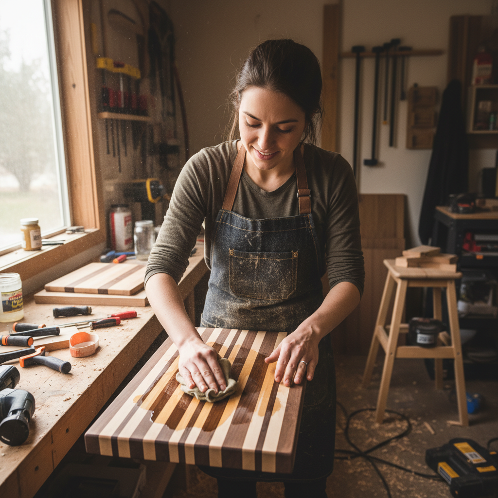 beginner woodworker completing first project