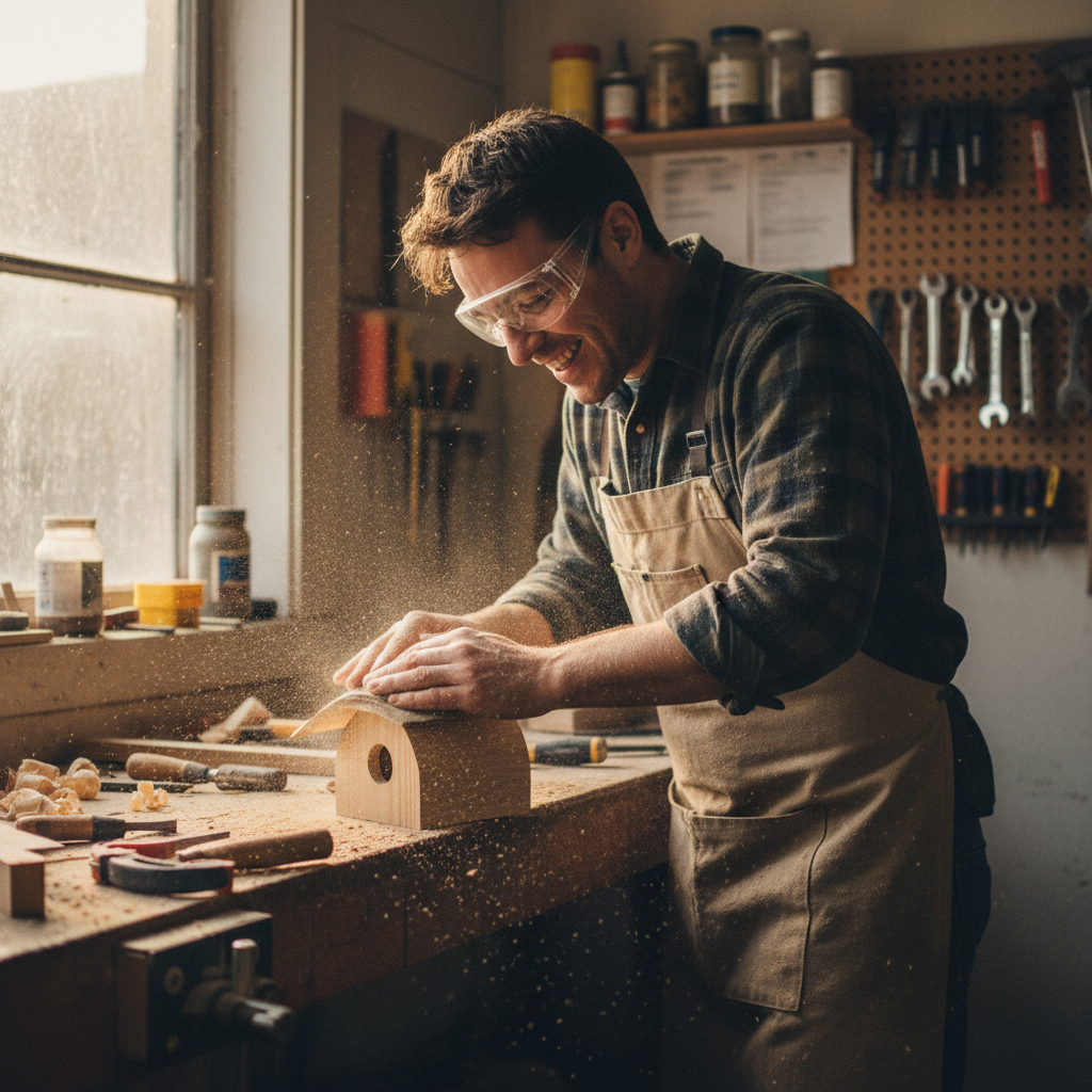 beginner woodworker smiling while sanding a wood project beginner woodworker smiling while sanding a wood project