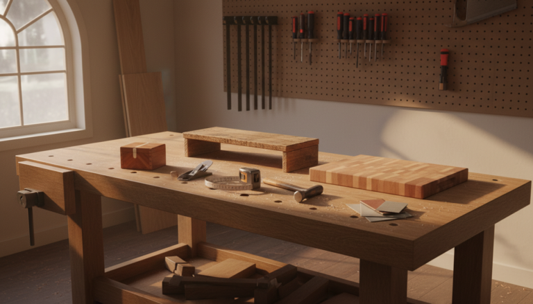 beginner woodworking projects displayed on workbench with basic tools