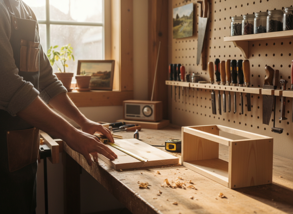 beginner working on small wood project in home workshop