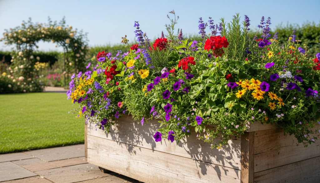 cedar wood planter box in garden filled with colorful flowers and herbs cedar wood planter box in garden filled with colorful flowers and herbs