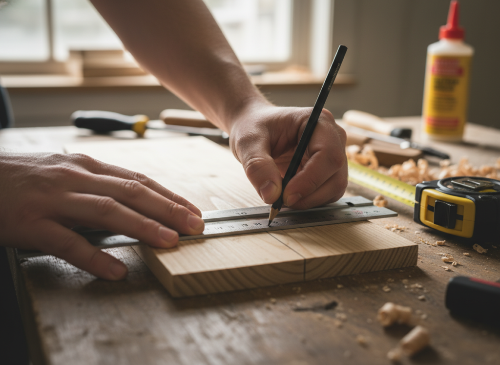 close-up of hands measuring and marking wood board with combination square and pencil close-up of hands measuring and marking wood board with combination square and pencil